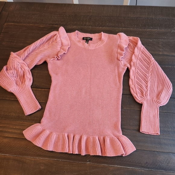 Pink Ruffled Knit Sweater Sz M - Picture 1 of 4